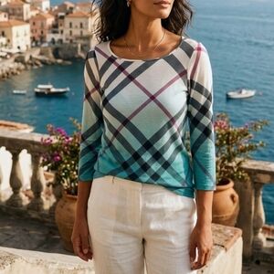 Auth Burberry Brit Nova Check Gradient print long 3/4 sleeve shirt top